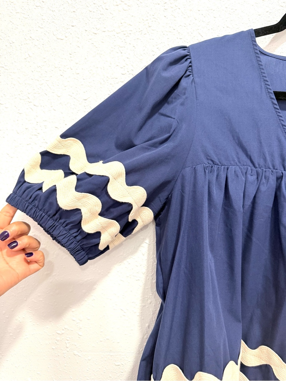 Entro Navy Blue Baby doll ric rac trim Dress L - Picture 6 of 10